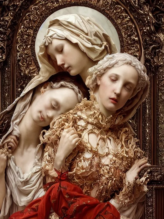 Prompt: a beautiful render of baroque catholic veiled sculpture, the red queen and the white queen pieta, with symmetry intricate detailed,by Lawrence Alma-Tadema, peter gric,aaron horkey,Billelis,trending on pinterest,hyperreal,jewelry,gold,intricate,maximalist,glittering,golden ratio,cinematic lighting