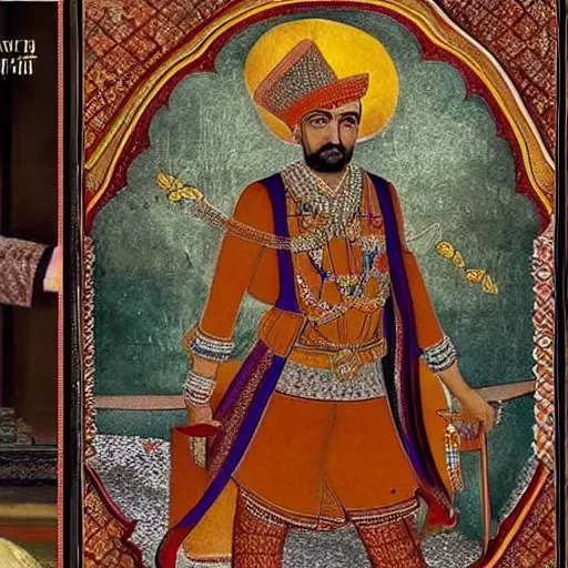 Image similar to mughal emperor akbar in real life, photograph, colorized