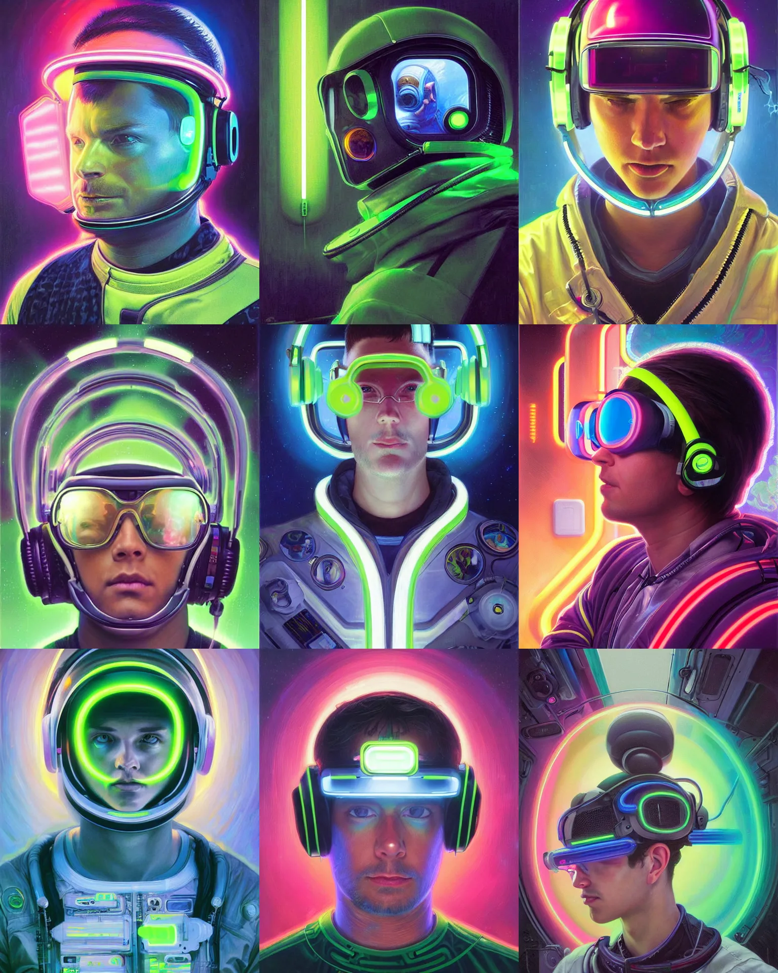 Prompt: future coder looking on, glowing visor over eyes and sleek neon headphones, neon accents, desaturated headshot portrait painting by donato giancola, dean cornwall, rhads, tom whalen, alex grey, alphonse mucha, astronaut cyberpunk electric fashion photography