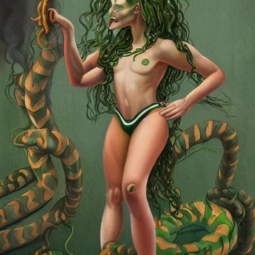 Prompt: Gorgon Medusa as an athletic teen cheerleader, full body pose, green skin, black snakes as hair, background painting of a dimly lit school locker room, dramatic lighting, incredibly detailed, in the style of Jana Brike, finely painted, sharp detail 8k