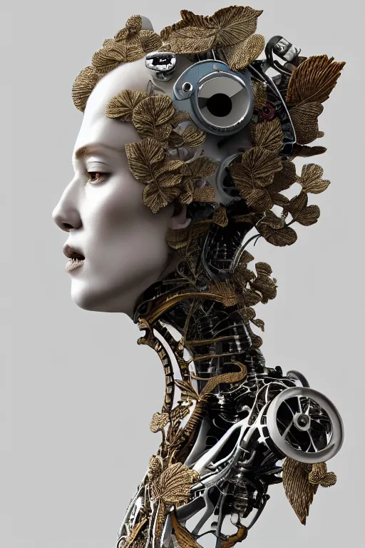 Prompt: complex 3d render ultra detailed of a beautiful porcelain profile The Weeknd face, biomechanical cyborg, analog, 150 mm lens, beautiful natural soft rim light, big leaves and stems, roots, fine foliage lace, silver dechroic details, massai warrior, Alexander Mcqueen high fashion haute couture, pearl earring, art nouveau fashion embroidered, steampunk, intricate details, mesh wire, mandelbrot fractal, anatomical, facial muscles, cable wires, microchip, elegant, hyper realistic, ultra detailed, octane render, H.R. Giger style, volumetric lighting, 8k post-production