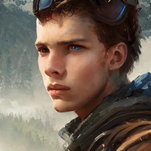 Prompt: masterpiece closeup portrait of a young man with short brown hair and blue eyes, wearing adventuring gear, by Greg Rutkowski, 4k, masterpiece, matte painting, detailed