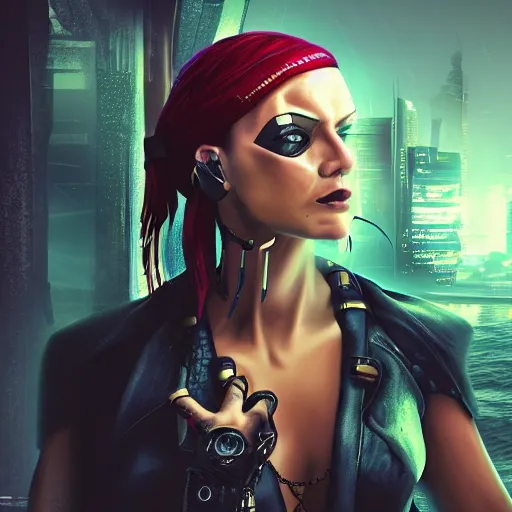 Prompt: photo of a cyberpunk female pirate