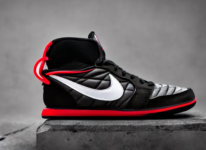 Image similar to product still of Darth Vader signature Nikes, metallic black with white stripes and a glowing red swoosh, 85mm f1.8