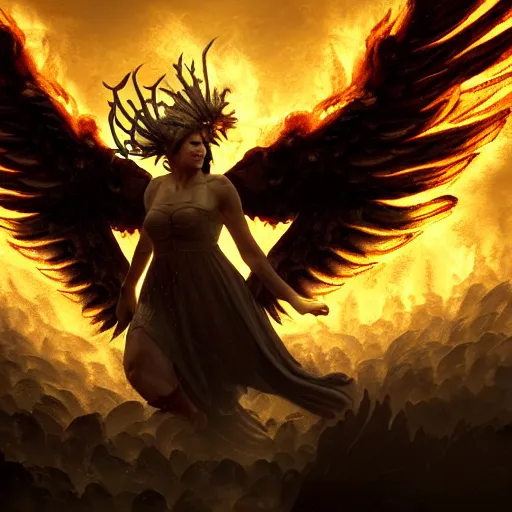 Image similar to Fallen angel as a phoenix in fire, flying through a medieval town by night, buildings in fire, smokes, dark, destruction, post-apocalyptic, DnD character, unreal engine, octane render, dramatic lighting, pond, digital art, by Stanley Artgerm Lau, greg rutkowski, thomas kindkade, alphonse mucha, loish, norman Rockwell