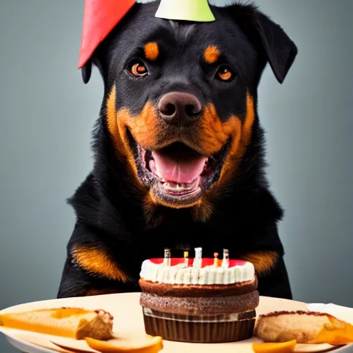 Image similar to a high - quality photo of a rottweiler with a birthday cake, 4 5 mm, f 3. 5, sharpened, iso 2 0 0, raw, food photography