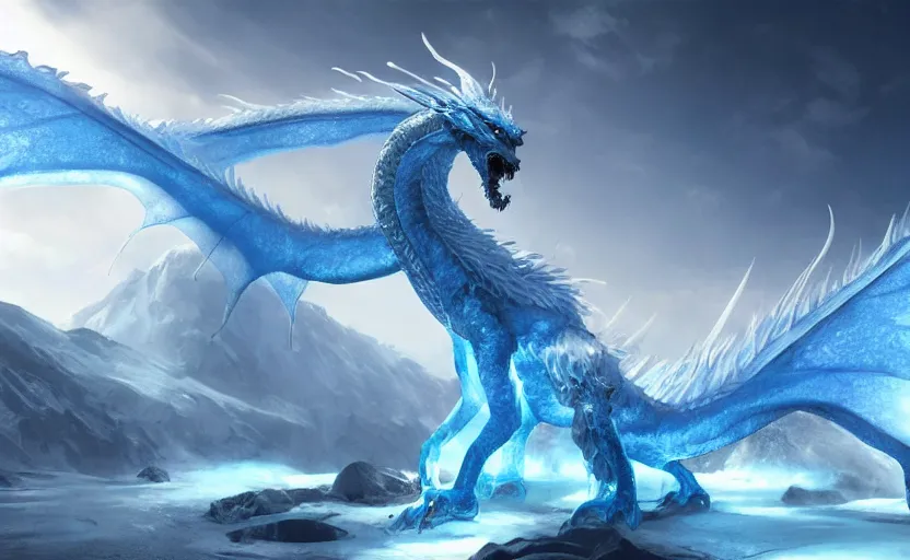 Prompt: An ice dragon standing on a ice mountain, breathing blue flames, ice landscape, digital art, artstation, WLOP, CGSociety