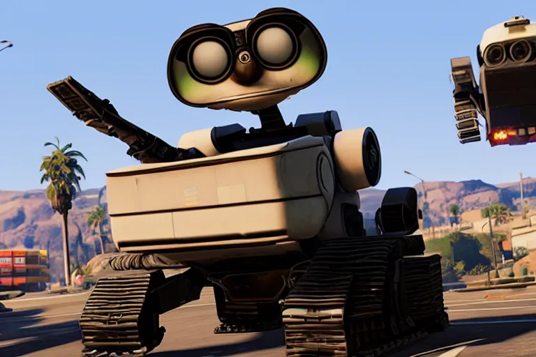 Image similar to wall - e in grand theft auto 5, heavy detailed, ultra high definition quality, gta 5 game engine graphics