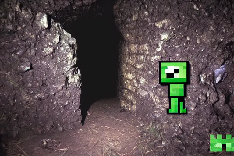 Prompt: found footage recording live action creeper from minecraft in a dark cave, dark, super 8 camera