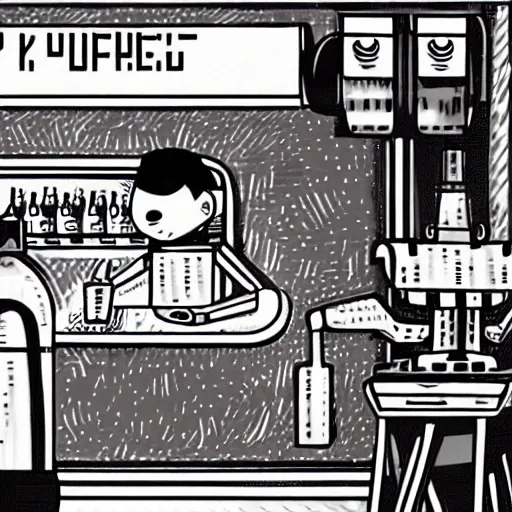 Image similar to a retro robot at the bar orders a drink from a (TY fluffy puppy) bartender.