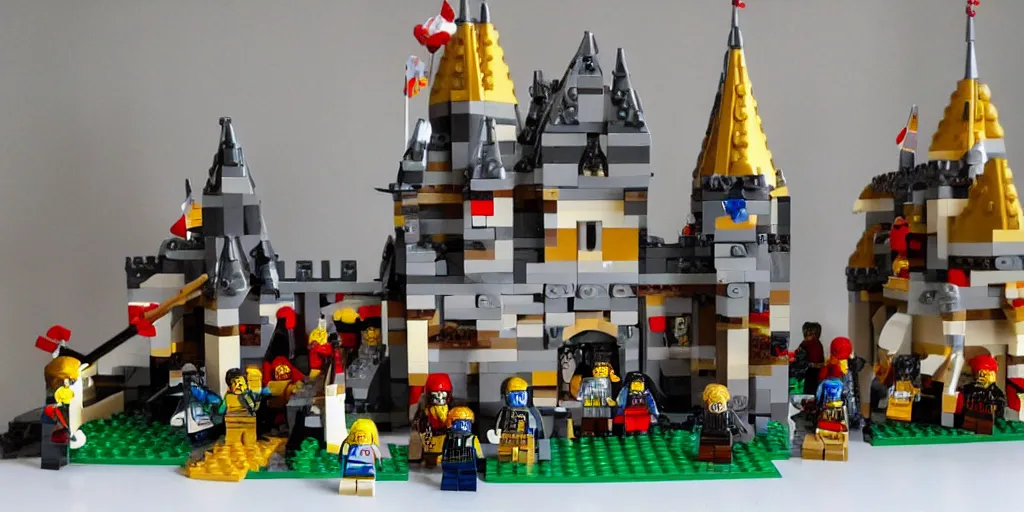 Prompt: lego castle with knights in front