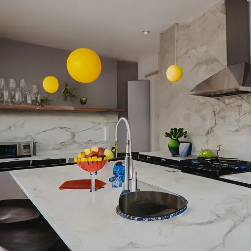 Prompt: hd photo of a modern kitchen filled with beach balls