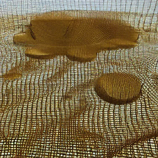 Prompt: land art sculpture with honey comb mesh wire