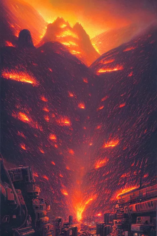 Prompt: a cyberpunk city in the crater of a volcano, lava flowing, smoke, fire, neon, industrial, by paul lehr, jesper ejsing