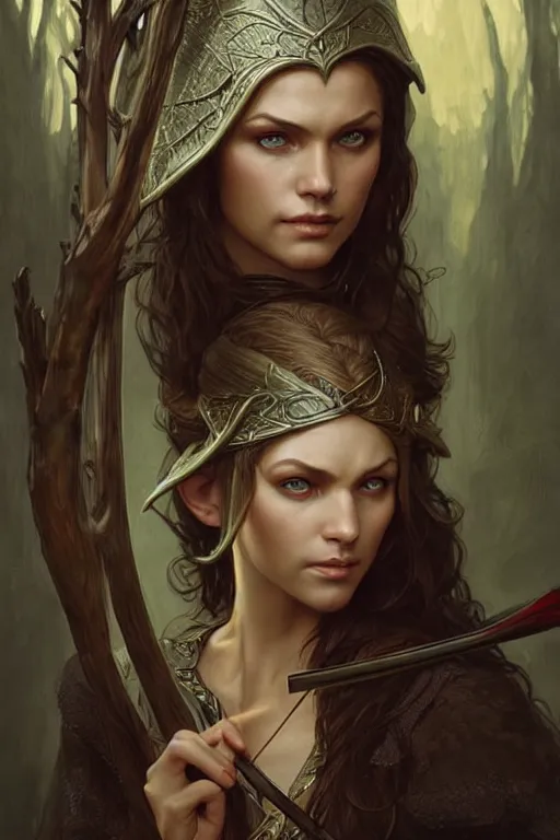 Image similar to portrait of a wise elven archer, dark, piercing eyes, gentle expression, elegant clothing, photorealistic, highly detailed, artstation, smooth, sharp focus, art by michael whelan, artgerm, greg rutkowski and alphonse mucha