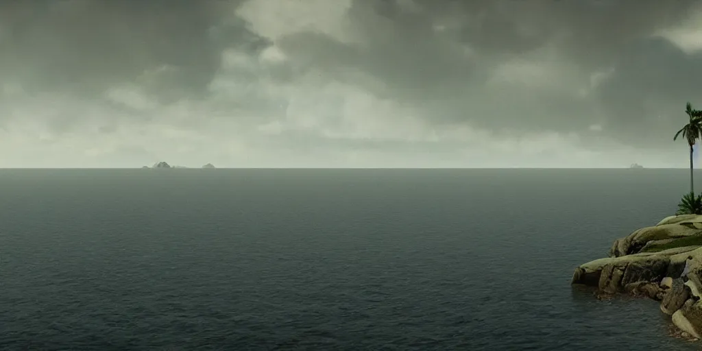 Image similar to screenshot from a movie, fps, epic matte painting of an island, cinematic cinematography masterpiece, roger deakins