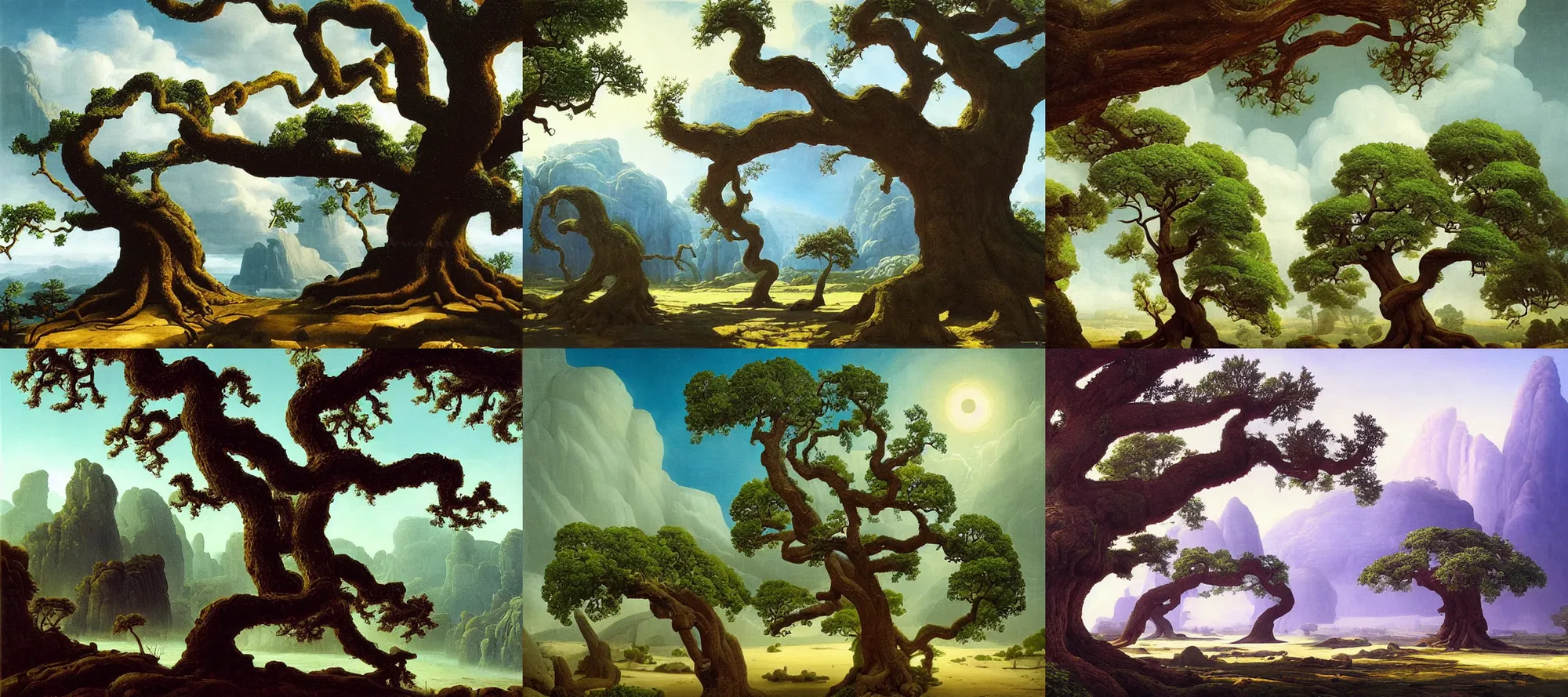 Prompt: Angel Oak landscape in the style of Dr. Seuss, starships, painting by Raphael Lacoste