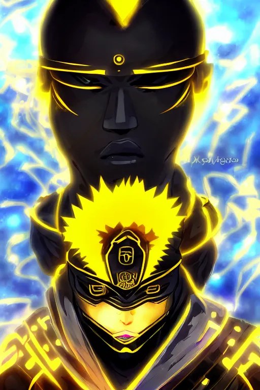 Image similar to glowing black male anime character, short golden hair, yellow eyes, symmetrical, highly detailed, digital art, sharp focus, trending on art station, samurai, electricity superpowers, anime art style