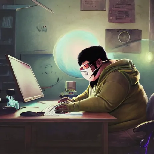 Image similar to an insanely detailed painting of a chubby nerdy asian man wearing a homemade superhero costume and mask, sitting at a computer desk typing on the keyboard, in the style of peter mohrbacher, dramatic lighting and composition, trending on artstation, concept art, comic book, graphic novel, back view