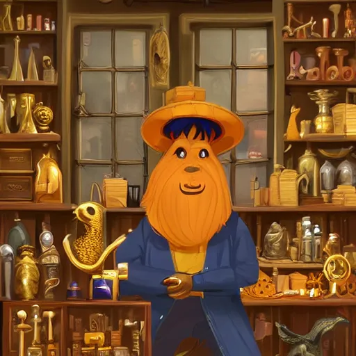 Image similar to Anthropomorphized DinosUr trader in his shop, selling his wares, portrait, items, gold, magic potions, carpet, window, fancy hat, sly expression , cunning expression, cute expression, long thick shiny gold beak, presenting wares, holding a gold bag, D&D, fantasy, cinematic lighting, highly detailed, digital painting, artstation, concept art, smooth, sharp focus, illustration, warm light, cozy warm tint, magic the gathering artwork, volumetric lighting, 8k, art by Akihiko Yoshida, Greg Rutkowski