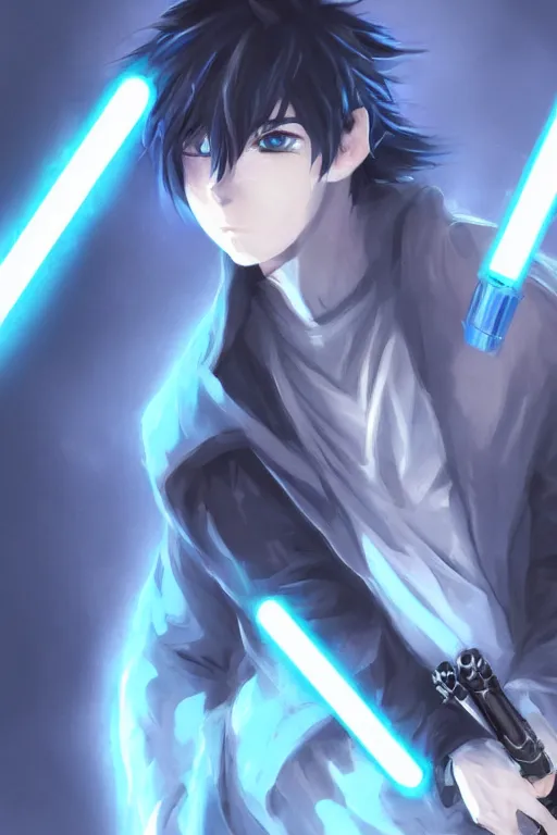 Image similar to anime boy with messy blue hair wearing black long jacket, holding a dual blade lightsaber, WLOP, concept art, digital painting, trending on artstation, highly detailed, epic composition, 8k UHD