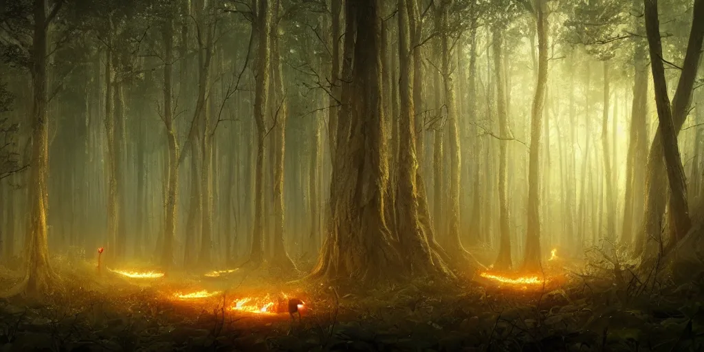 Prompt: fire flies in an ancient dark forest, greg rutkowski, 8 k, shallow depth of field, ultra high detail, concept art,