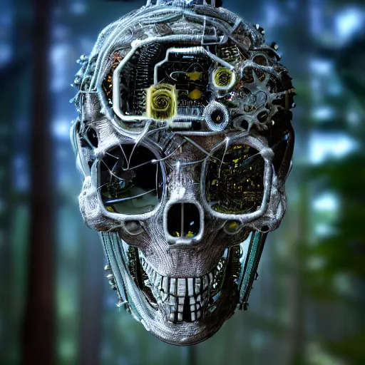 Image similar to very detailed portrait 55mm photo of a mechanical crystal head without skin, optic fiber nerves, gears in his head and cybernetic enhancements with no plating. with cybernetics. Has cameras for eyes. In the forest with bokeh. Ray tracing and tessellation. Very sharp high detailed 8k image