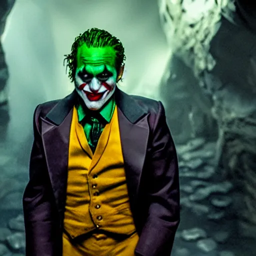 Image similar to cinematic shot of the joker wearing a miner helmet and holding a pickaxe in a cave full of shiny bright minerals, 8 k, very detailed, very intricate,