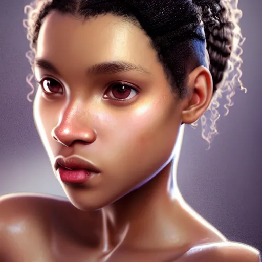 Image similar to a photorealistic hyperrealistic, bright brown eyes, light skinned african american young girl, ponytail hair, flawless face, beautiful lips, cute face, gorgeous white veil, by wlop, artgerm, greg rutwoski, alphonse mucha, beautiful dynamic dramatic low - light moody lighting, cinematic atmosphere, artstation, concept design art, octane render, 8 k