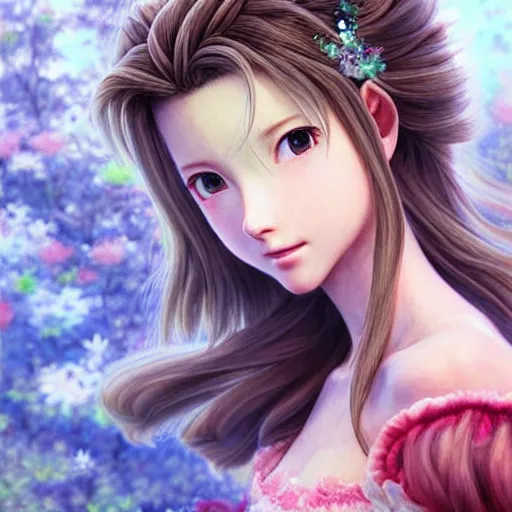 Prompt: aerith gainsborough, ultra detailed painting at 1 6 k resolution and epic visuals. epically beautiful image. amazing effect, image looks crazily crisp as far as it's visual fidelity goes, absolutely outstanding. vivid clarity. ultra. iridescent. mind - breaking. mega - beautiful pencil shadowing. beautiful face. ultra high definition, range murata and artgerm