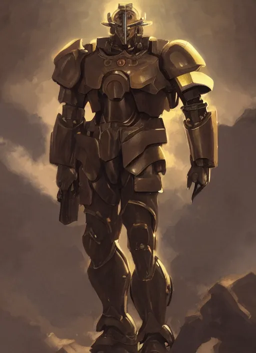 Image similar to medium-length portrait of a male paladin with short curly hair and a dark beard, dark brown skin, happy expression, wears a suit of power armor, gundam, medieval setting, highly detailed, digital painting, artstation, concept art, sharp focus, illustration, art by greg rutkowski and alphonse mucha