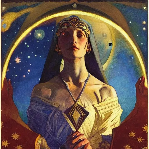 Image similar to queen of the moon with stars in her hair, by nicholas roerich and annie swynnerton and donato giancola and dulac, dramatic lighting, god rays, geometric tattoos, rich colors, smooth sharp focus, extremely detailed, leo and diane dillon, adolf wolfli