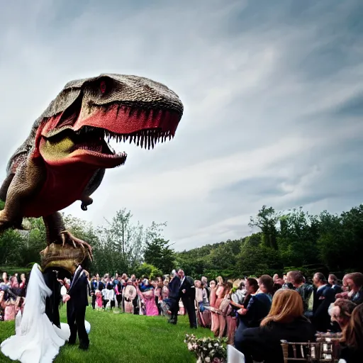 Prompt: tyrannosaurus rex attacks during ceremony, wedding photos, detailed, 4k