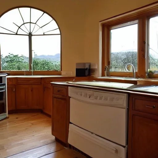 Prompt: kitchen, with cabinets in background, sunrise, large round window,