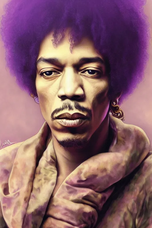 Prompt: A mystical mesmerizing 8k hyperrealistic Photo Portrait jimi hendrix transforming into a purple haze, soft, sharp focus, detailed, art by artgerm and Alphonse Mucha