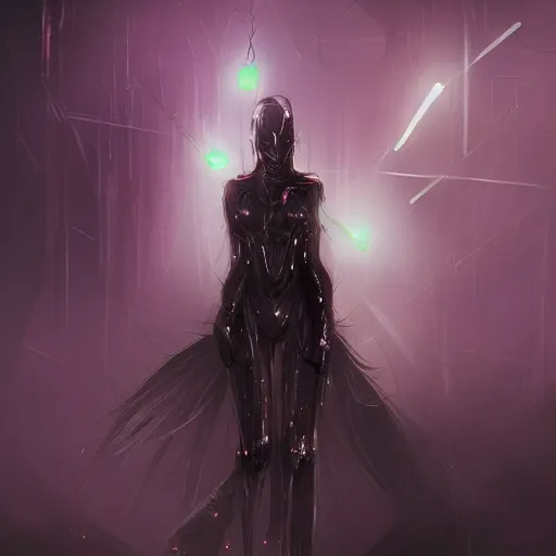 Prompt: professional photographic bokeh scifi fantasy concept art of A figure who seems dangerous and dark, but also strangely fascinating. They are alluring and seductive, and you can't help but be drawn in.