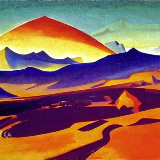 Image similar to a oil painting of a battlefield in a desertic landscape surrounded by mountain, stylised storm, by nicholas roerich, by frank frazetta by georgia o keeffe by frederick william elwell, by hans emmenegger, by eyvind earle highly detailed, realistic, outline, line work, fantasy, oriental, stylised flat colors, animation