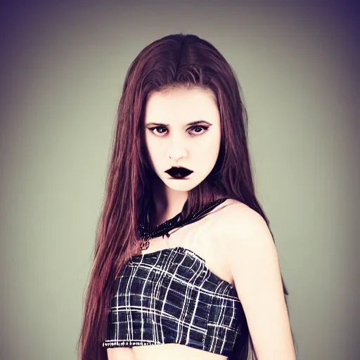 Image similar to gothic teen girl in plaid mini skirt and crop top, beautiful face, intricate, extremely detailed, modeling photography, 8 0 mm camera, dramatic lighting, dark room