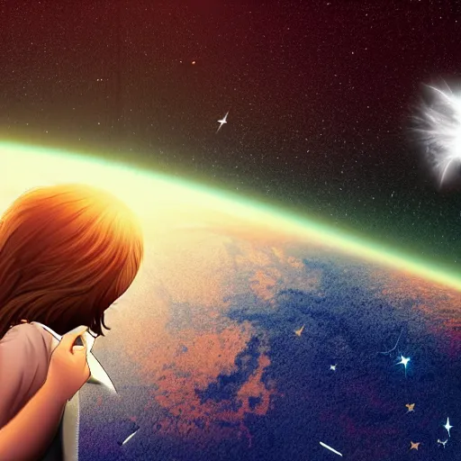 Prompt: a girl watching a meteorite fall from space, very realistic digital art