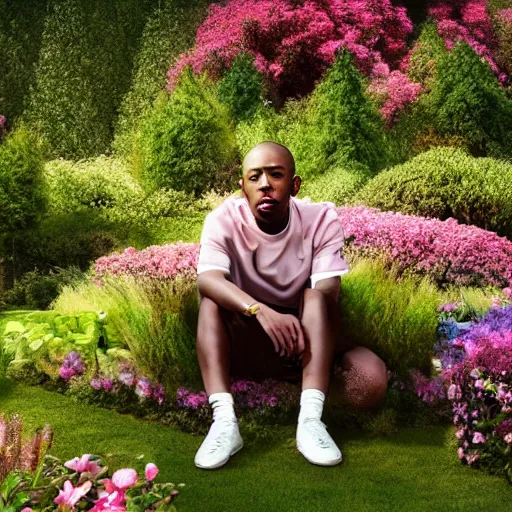 Image similar to A photo of Tyler the Creator sitting in the middle of a garden, 8K concept art, dreamy, garden, bushes, flowers, golden hour, vintage camera, detailed, UHD realistic faces, award winning photography, cinematic lighting