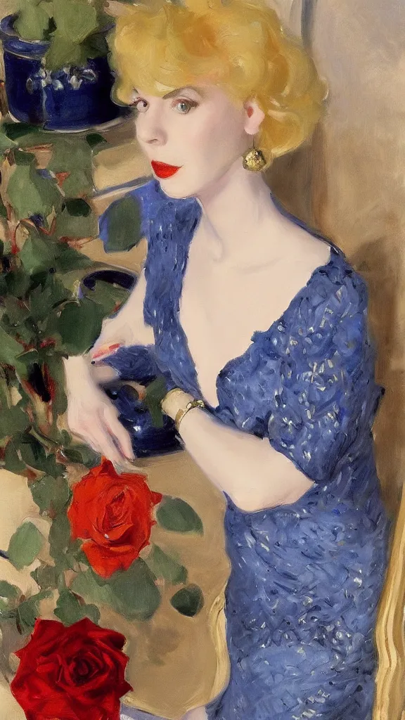 Prompt: young julee cruise in detailed golden lace navy dress beside a pot of red roses set near a persian blue detailed pot by john singer sargent