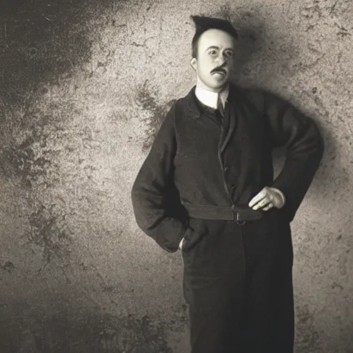 Prompt: photo of a man with wall background, wall is decorated by kadinsky and bauhaus