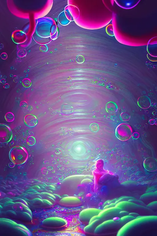 Prompt: neon clouds colorful and bubbles being by tentacles, dmt, psilocybin, lsd, detailed, intricate, elegant, highly detailed, digital painting, artstation, concept art, smooth, sharp focus, illustration, art by hana yata, and artem demura and beeple, octane render, unreal engine, 8 k