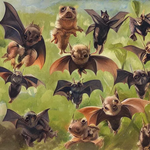 Image similar to a highly detailed beautiful portrait of newly evolved terrestrial bats, speculative evolution, english countryside, by gregory manchess, james gurney, james jean