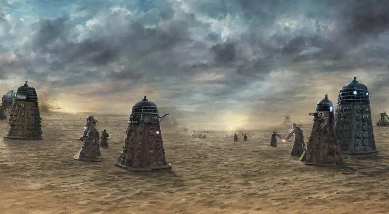 Image similar to Daleks storming Normandy beach, concept art, cinematic