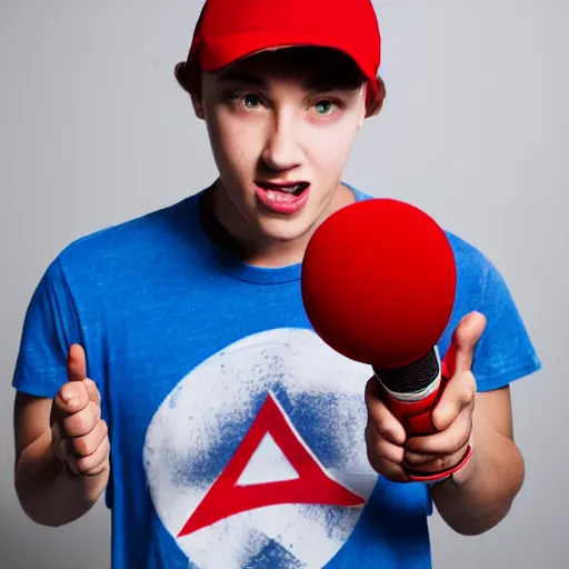 Image similar to a portrait of an american teenage boy with blue colored hair, wearing a red backwards cap, white t - shirt with a red no symbol on it, blue long pants and red shoes, holding a microphone, studio lighting, photoshoot, grey backdrop
