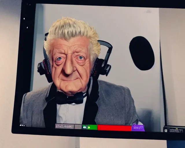 Image similar to Jon Pertwee as a Twitch streamer, wearing a gaming headset, webcam screenshot