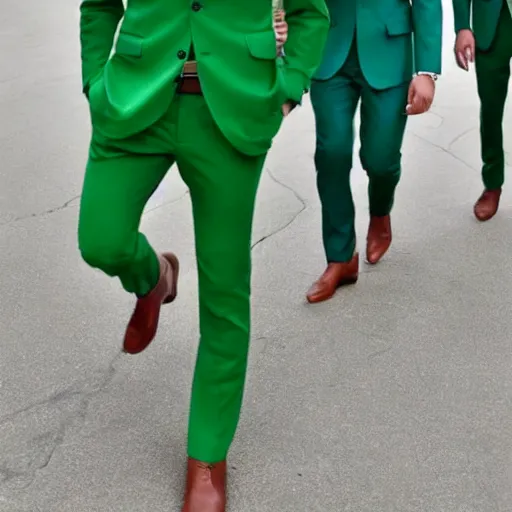 Prompt: 4 handsome men wearing green suits