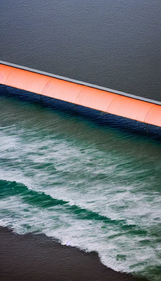 Prompt: color pentax photograph of a pristine, modern architecture storm surge barrier from an aerial perspective. epic colours and lighting!