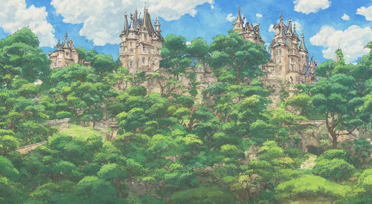 Prompt: a landscape painting of a French castle, with a garden, in the style of anime, by Studio Ghibli